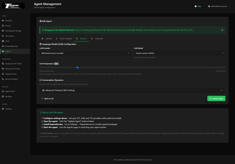Agent behaviour tab showing the language model provider set to AWS Bedrock Geo-Located with Claude Sonnet 4 in the APAC region, an LLM temperature slider and conversation dynamics settings