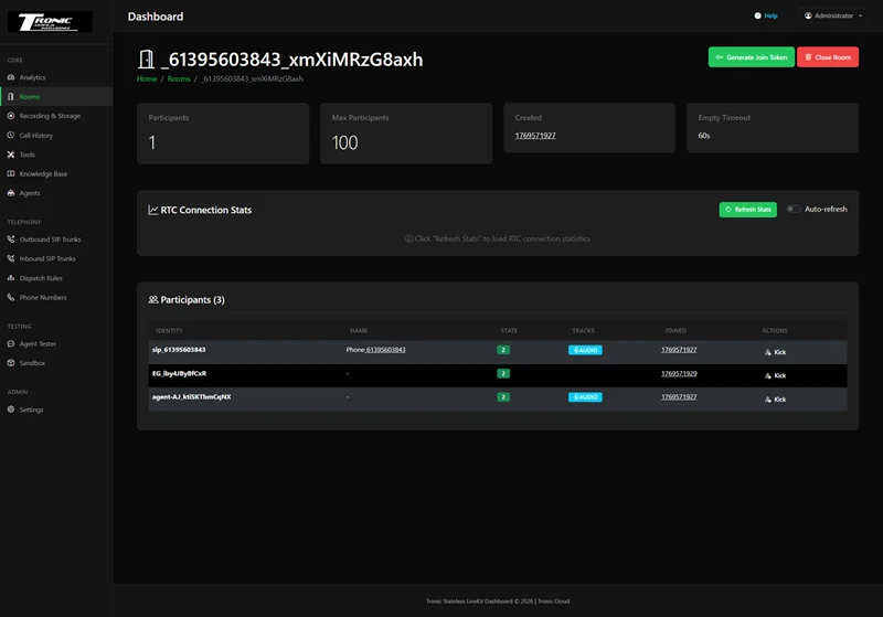 Live room detail view showing participant count, maximum participants, created time, empty timeout, RTC connection stats and a participants table with the SIP caller and the agent