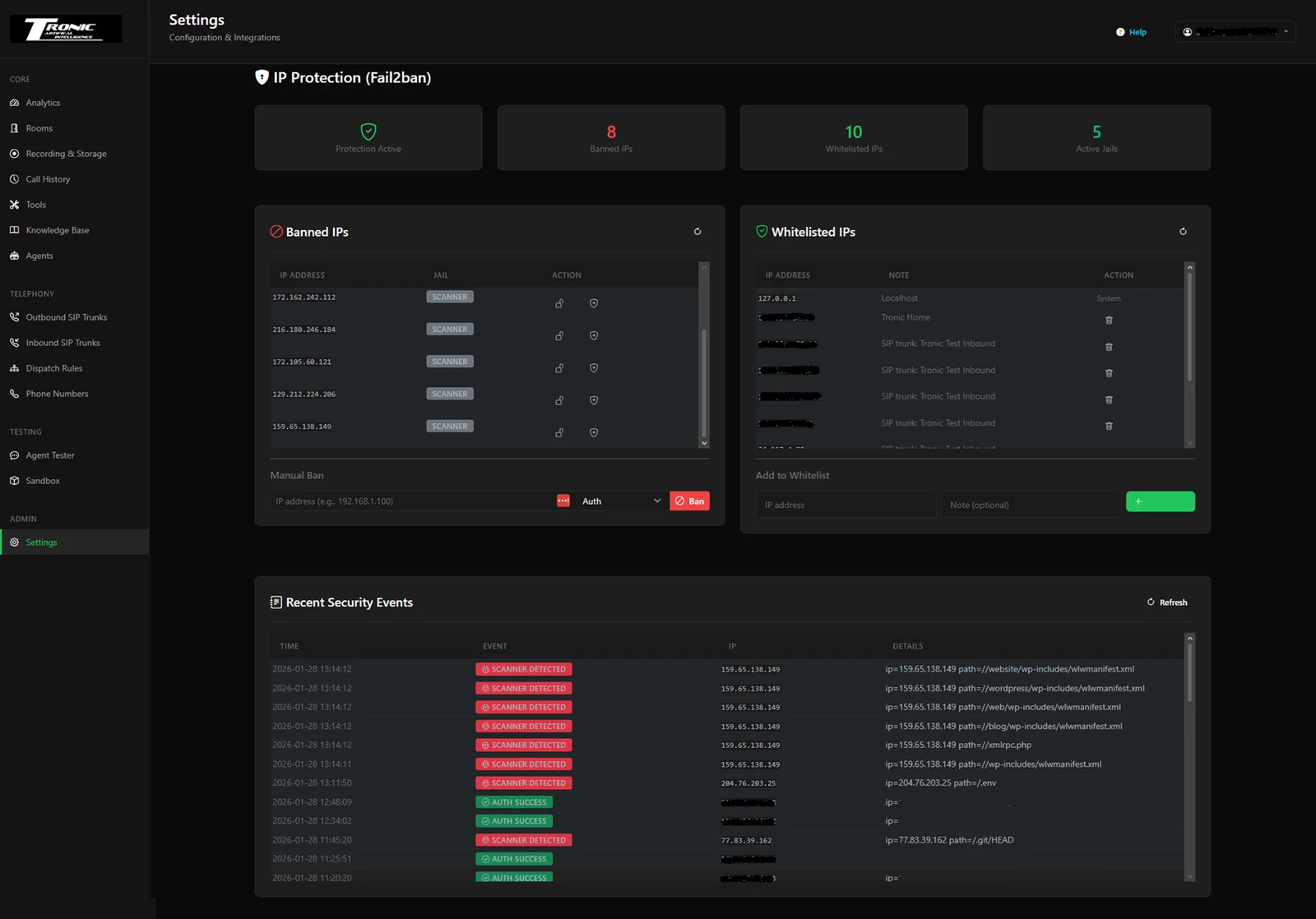 IP protection settings showing Fail2ban protection active, counts of banned IPs, whitelisted IPs and active jails, tables of banned and whitelisted addresses, and a recent security events log