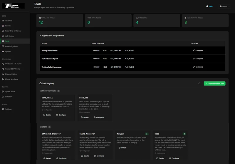 Tools screen showing available tools, webhook tools, categories and agents with tools, an agent tool assignment table, and a tool registry with send email, send SMS, attended transfer, blind transfer, hangup and hold