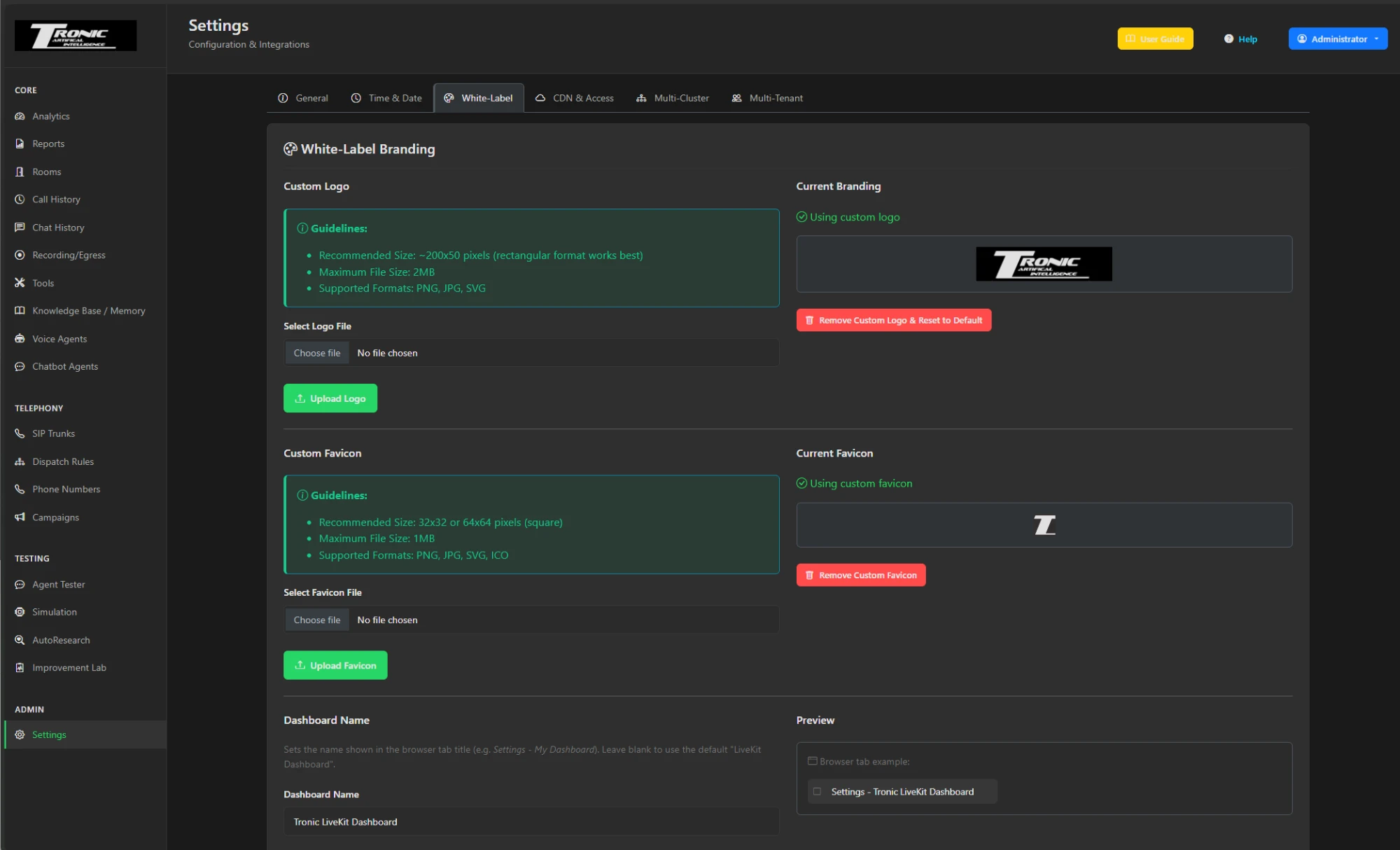 White-Label Branding settings showing a custom logo upload with size guidelines, the current branding preview, a custom favicon upload, and a dashboard name field with a live browser tab preview